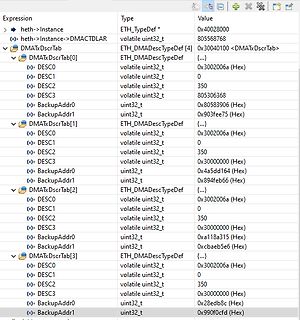 Debugger-Ansicht von DMA-Deskriptoren im Speicher