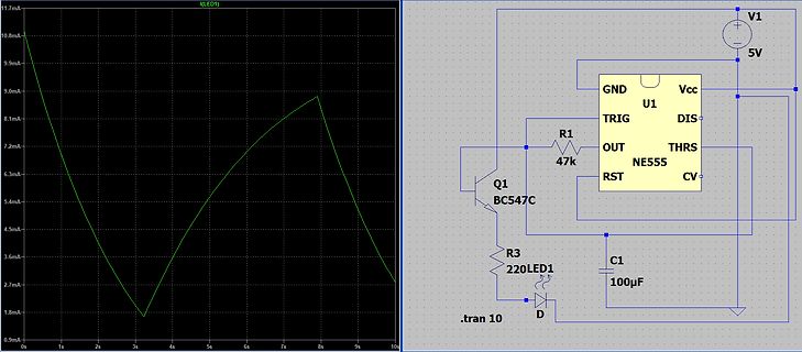 Simulation eines NE555 Blinkers mit Strommessung