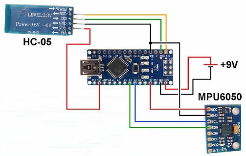 Aufbau mit Arduino Nano, HC-05 Bluetooth und MPU6050 Sensor