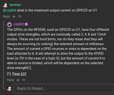 Screenshot eines Forenbeitrags über RP2040 GPIO Stromstärke