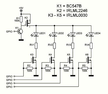 Schaltplan einer LED-Ansteuerung mit MOSFETs und GPIO