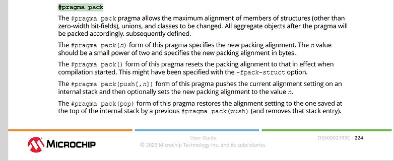 Textauszug aus einem Microchip Datenblatt zum #pragma pack