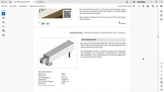 Datenblatt eines Zahnriemenantriebs für Schiebeläden