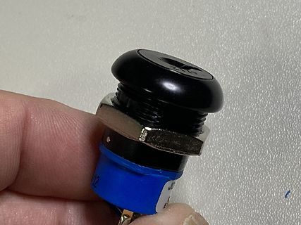 Schwarzer Drucktaster mit blauer Kunststofffassung