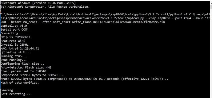 Terminal-Ausgabe eines ESP8266-Firmware-Uploads