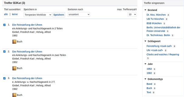 Screenshot einer Bibliotheks-Suchergebnisliste