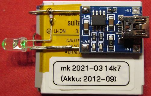 Leiterplatte auf Li-Ion Akku mit LED