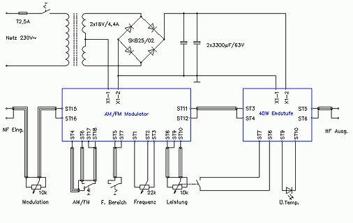 Schaltplan eines AM/FM Modulators und Endstufen-Verstärkers