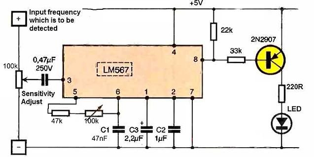 Schaltplan eines Frequenzdetektors mit LM567