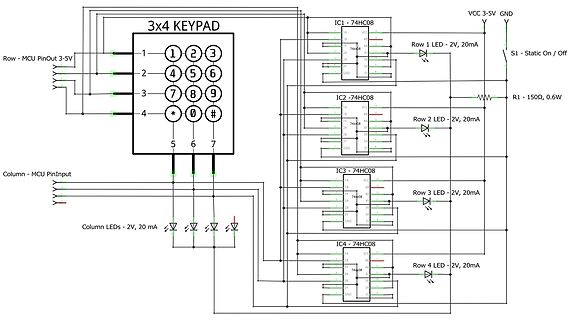 Schaltplan eines 3x4 Keypads mit Logikgattern und LEDs