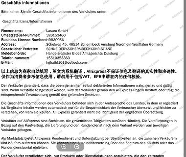 Screenshot von AliExpress Verkäuferinformationen