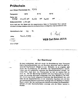 Prüfschein für Körper-Thermometer