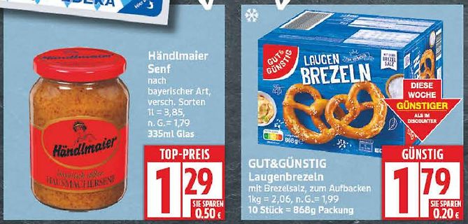 Werbeblatt für Senf und Laugenbrezeln