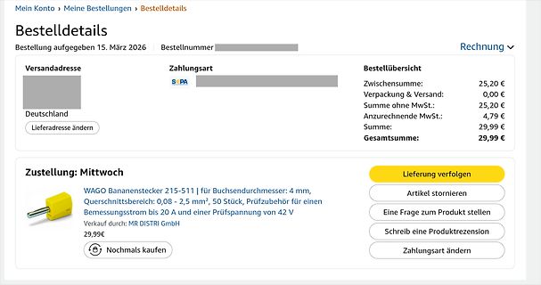 Bestelldetails einer Online-Bestellung