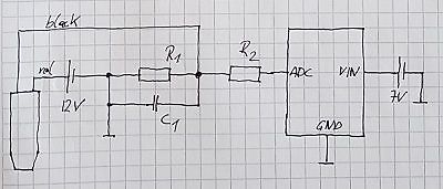 Handgezeichneter Schaltplan mit Spannungsteiler und ADC