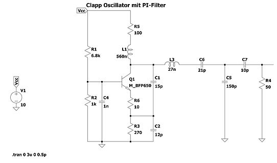 Schaltplan eines Clapp-Oszillators mit PI-Filter