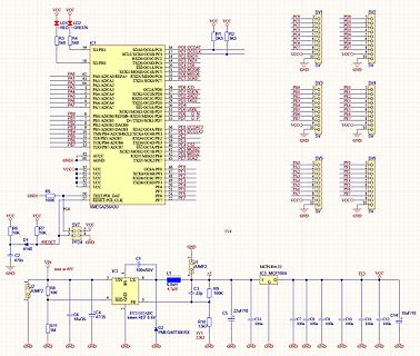 Schaltplan mit XMEGA256A3U Mikrocontroller und Spannungsregler