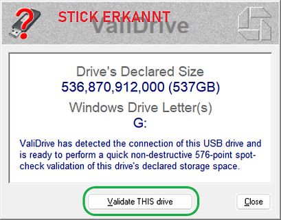 Screenshot der Software ValiDrive zur USB-Speicherkapazitätsprüfung