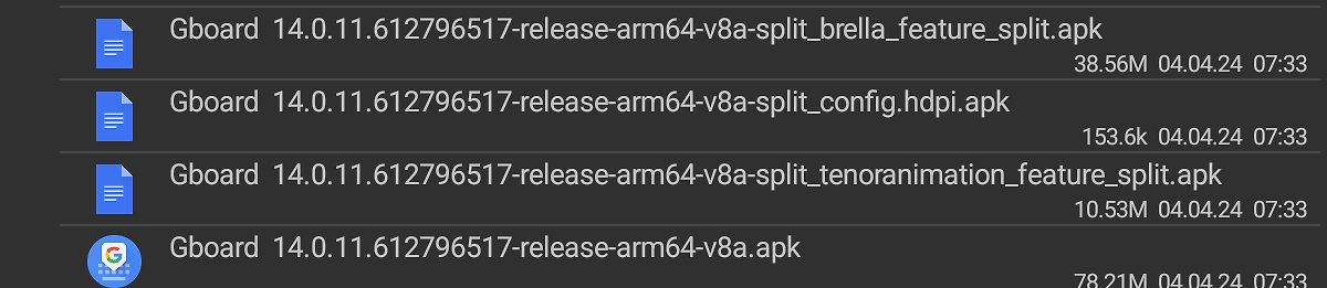 Dateiliste von Android APK-Dateien
