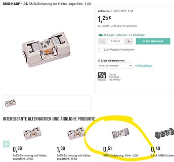 Webshop-Ansicht einer SMD-Sicherung