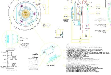 Technische Zeichnung und Schaltplan eines Motors/Antriebs