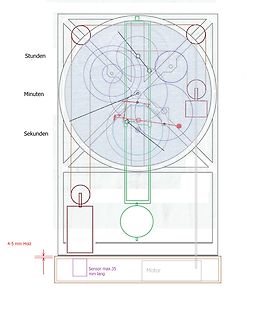 Konstruktionszeichnung einer mechanischen Uhr