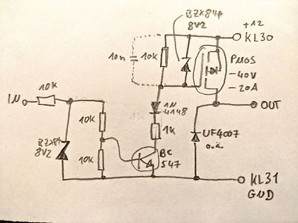 Handgezeichneter Schaltplan einer P-MOSFET-Schaltung