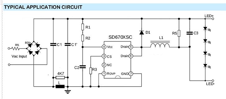 Schaltplan eines LED-Treibers mit SD670XSC