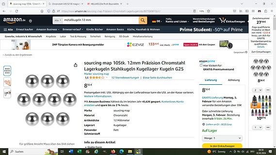Amazon-Produktseite für 12mm Chromstahl-Lagerkugeln