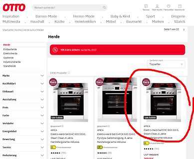 Screenshot eines Online-Shops für Herde