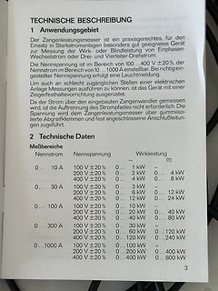 Ausschnitt einer technischen Beschreibung eines Zangenleistungsmessers