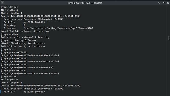 Terminal-Ausgabe eines JTAG-Debugging-Tools