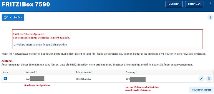 Fehlermeldung in der FRITZ!Box Benutzeroberfläche