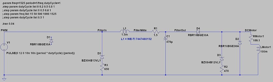Schaltplan eines PWM-gesteuerten Gleichstrommotors mit LC-Filter