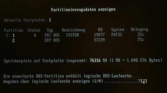 Anzeige von Partitionierungsdaten auf einer Festplatte