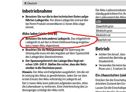 Ausschnitt einer Bedienungsanleitung für Akku-Ladegeräte