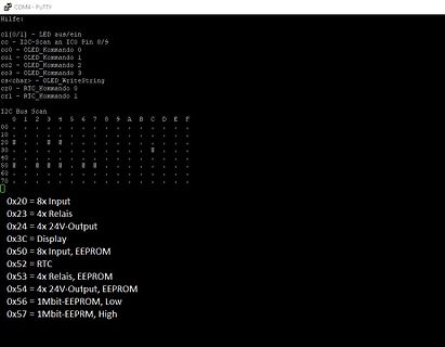 Terminal-Ausgabe eines I2C-Scans und Befehlsliste
