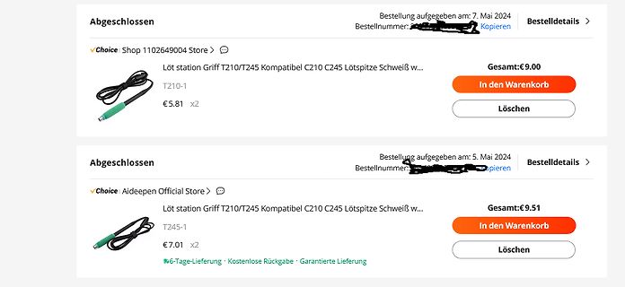 Bestellübersicht von einer E-Commerce Website
