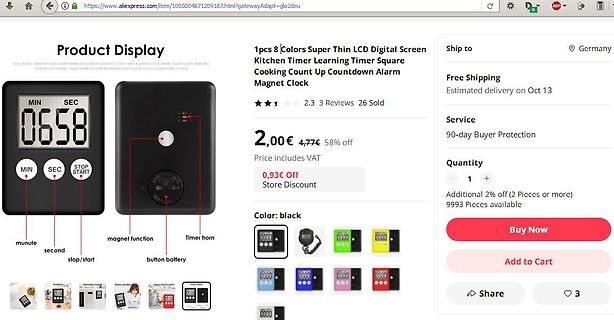 Screenshot einer AliExpress-Produktseite für einen Küchentimer
