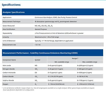Tabelle mit Analysator-Spezifikationen und Messbereichen