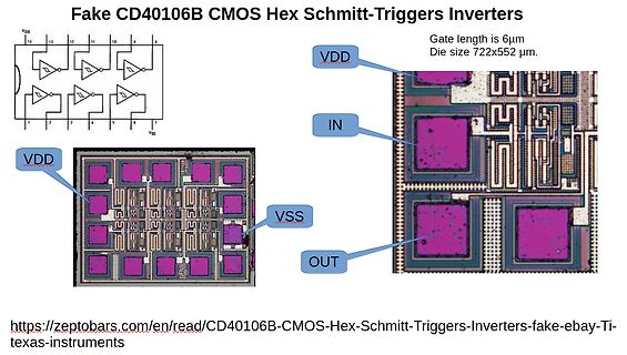 Vergleich Schaltplan und Mikroskopaufnahme eines Fake CD40106B Chips