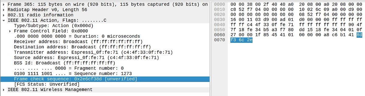 Wireshark Analyse eines 802.11 Action Frames