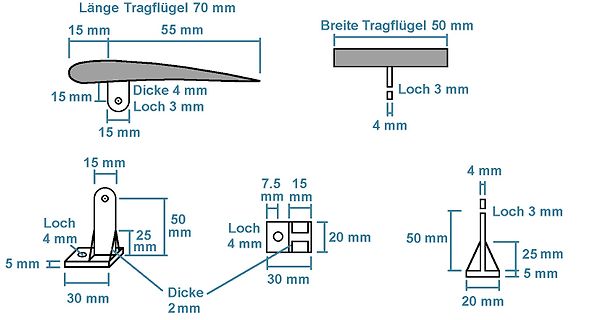 Technische Zeichnung von Tragflügeln und Halterungen