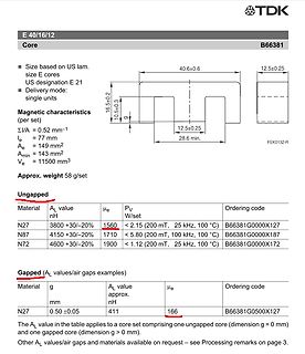 Datenblatt eines TDK E 40/16/12 Kerns