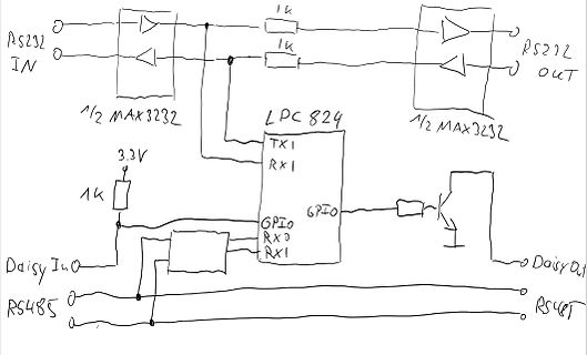 Handgezeichneter Schaltplan mit LPC 824 und RS232/RS485 Schnittstellen