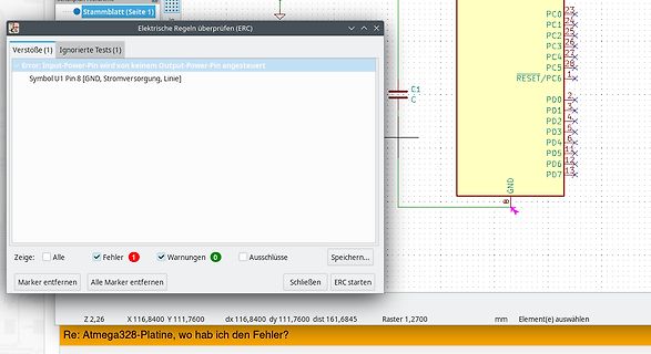 Screenshot einer ERC-Fehlermeldung in einer Schaltplan-Software