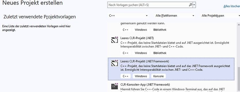Visual Studio Projektvorlagen Auswahlmenü