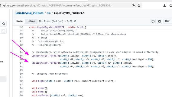 GitHub Code-Ansicht von LiquidCrystal_PCF8574.h