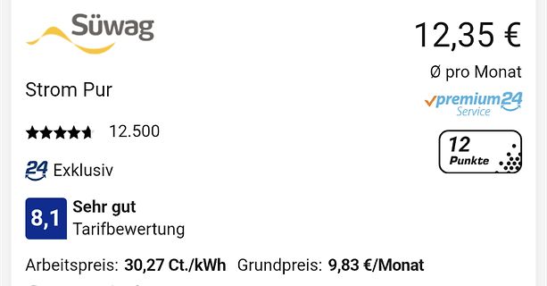 Screenshot eines Stromtarifs der Süwag