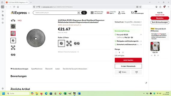 AliExpress Produktseite für Magnesiumband